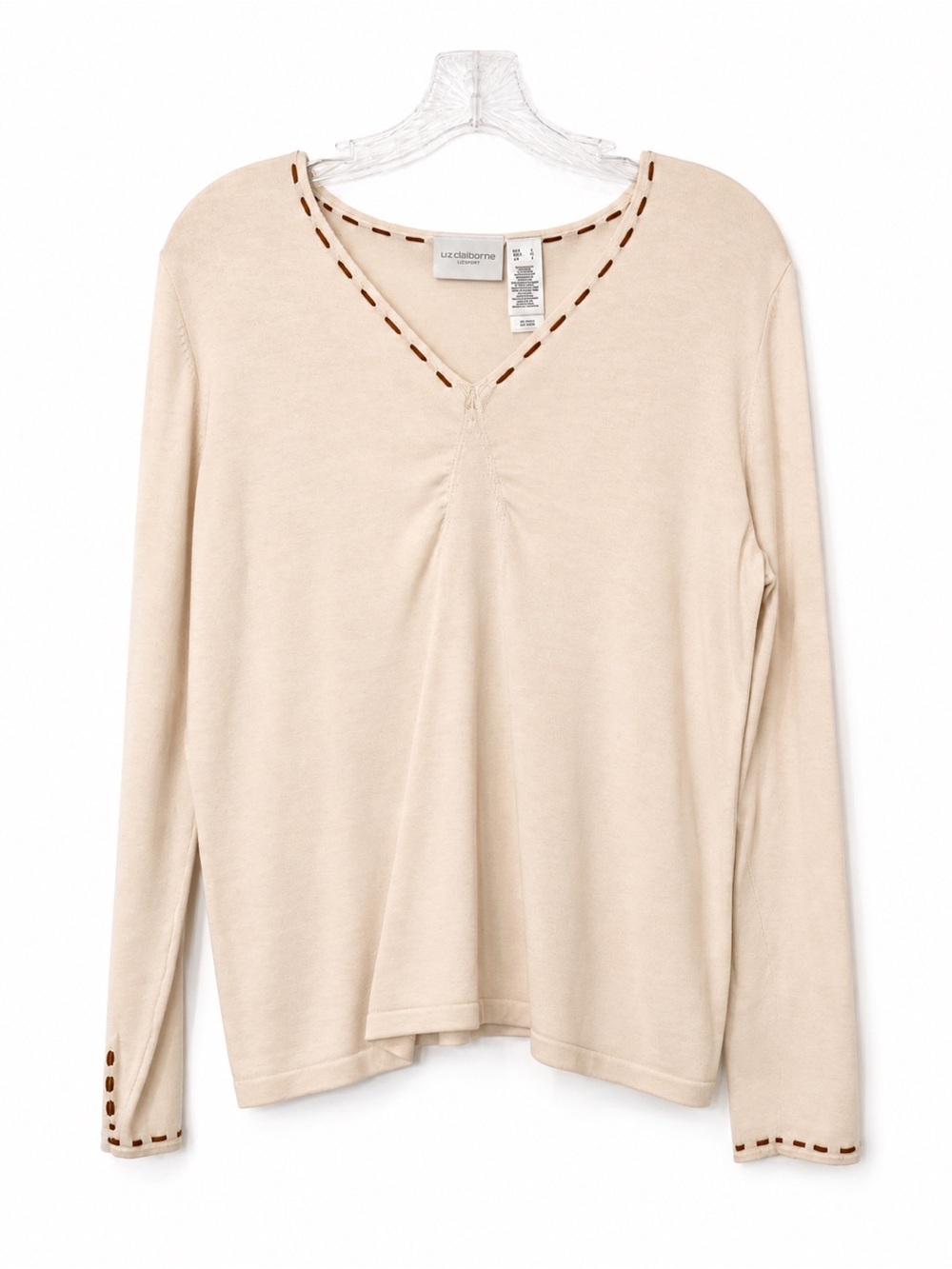 Liz Claiborne LIZSPORT Cotton V-Neck Whipstitch Sweater Cream Brown L